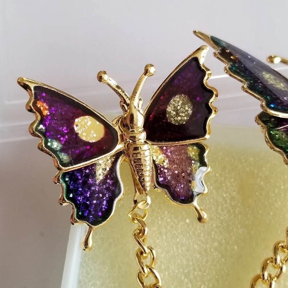 Vintage glitter butterfly brooch set New old stock Gold tone insect bug …